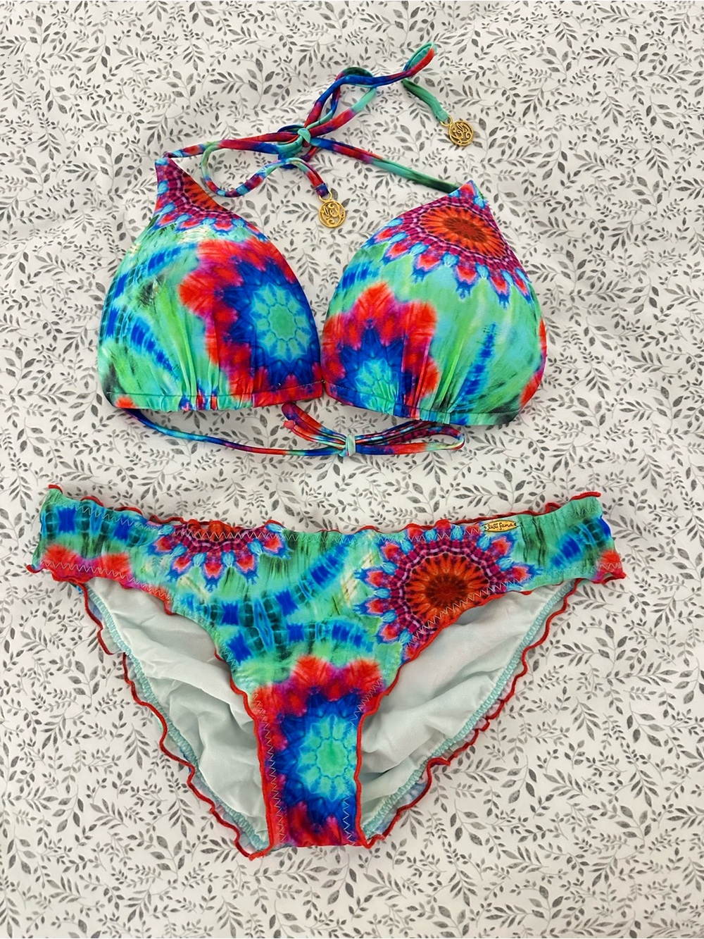 Luli Fama Multicolor Tie-Dye Bikini With Gold Logo Accent
